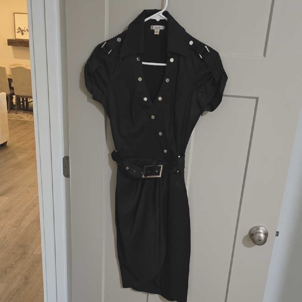 Cache Black Sheath Dress with Notched Collar and Puff Sleeves